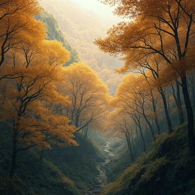 The primary subject of the image is a pathway through a forest, surrounded by trees with yellow leaves. The setting is a lush green forest, and the visual style is a photo. The dominant colors are yellow and green, creating a warm and inviting atmosphere.
